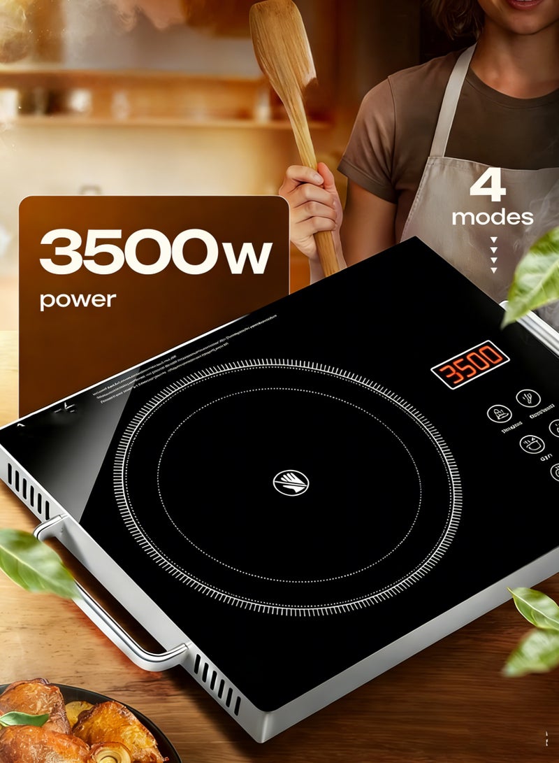 موقد كهربائي بالأشعة تحت الحمراء محمول 3500 واط، سطح تسخين بلمس مع مؤقت 3 ساعات، طاقة حرارية قابلة للتعديل، سطح زجاجي للطبخ – أسود - Image 1